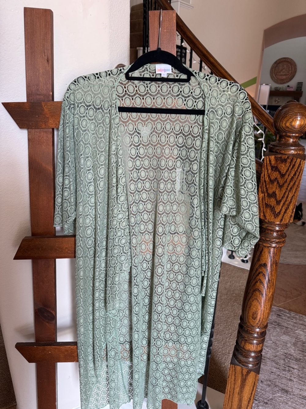 LuLaRoe Sheer Geometric Open Front Swim Coverup in Sage Green